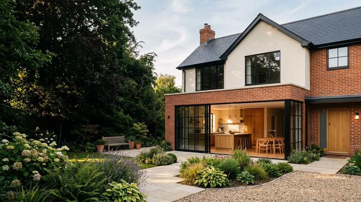 Contemporary brick home with a thoughtfully renovated interior and landscaped garden