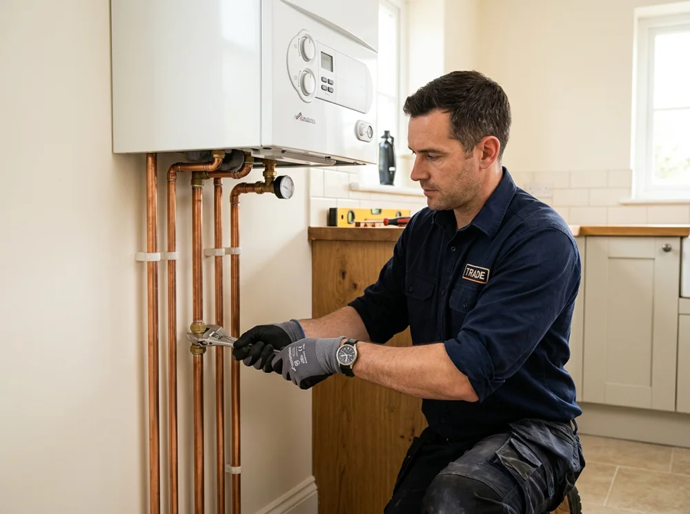 Illustrative plumbing technician fitting neatly routed copper pipework beneath a heating unit